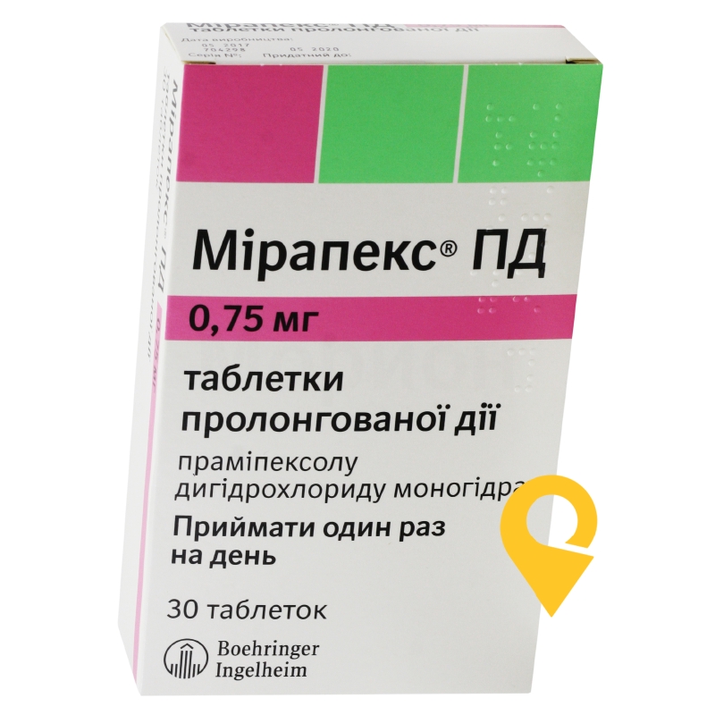 Мірапекс ПД табл. пролонг. 0,75 мг №30 Берінгер Інгельхайм Фарма (Німеччина)