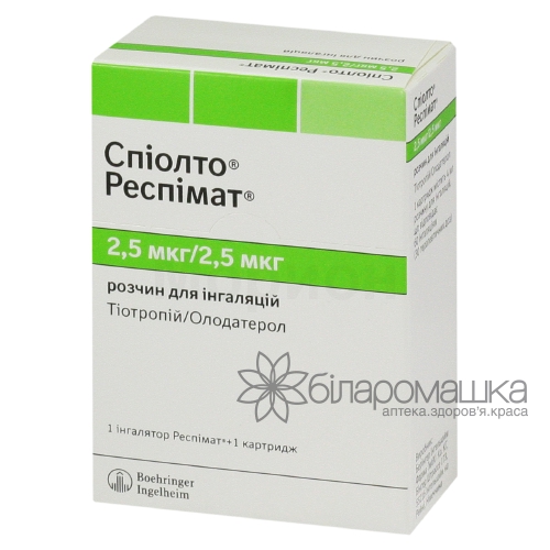 Спіолто Респімат розчин для інгаляцій 2,5 мкг/2,5 мкг в картриджах по 4 мл (60 інгаляцій) в комплекті з інгалятором Респімат 1 шт